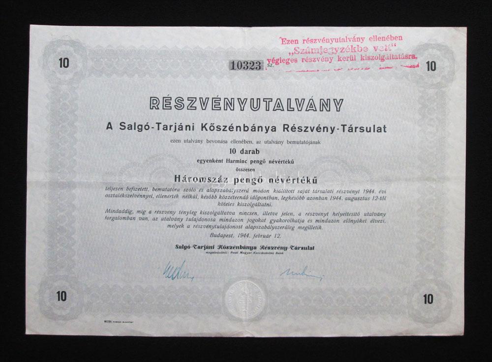 Salgó-Tarjáni Kőszénbánya részvényutalvány 10x 1944